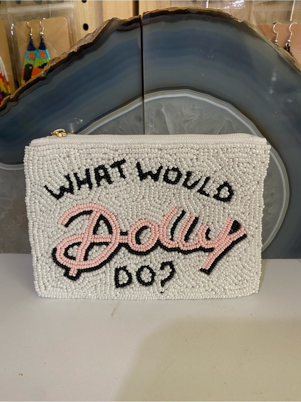 White Beaded 'What Would Dolly Do?' Pouch
